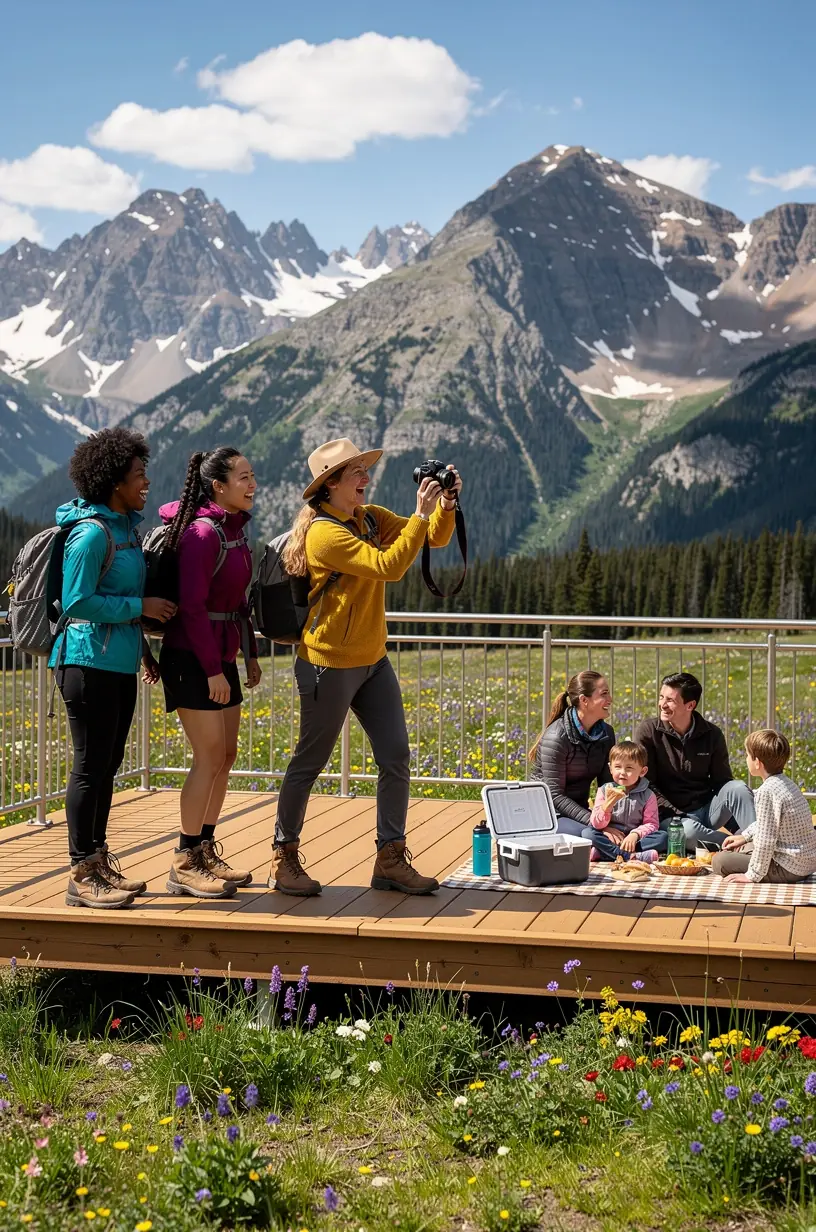 Вид на живописное озеро с временной обзорной башни, предлагающей услуги профессиональной фотосъемки.